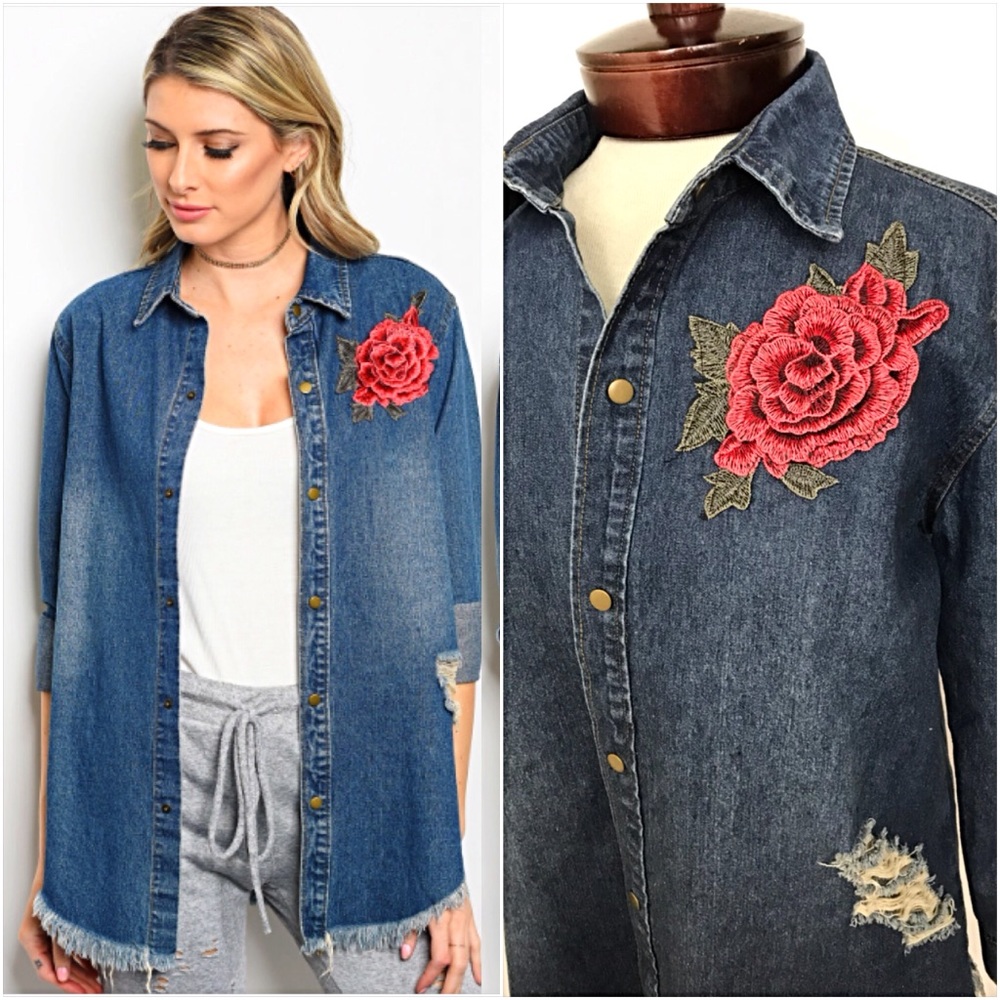 📍SALE Distressed Denim Rose Patch Jacket Shirt S - Picture 4 of 6